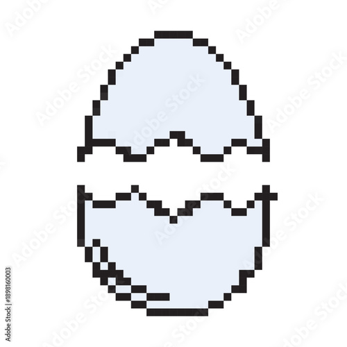 Pixel Art Cracked Easter Egg Icon Description: Pixel art cracked Easter egg icon. Retro 8-bit style broken eggshell with blue fill. Digital game asset isolated on white background.
