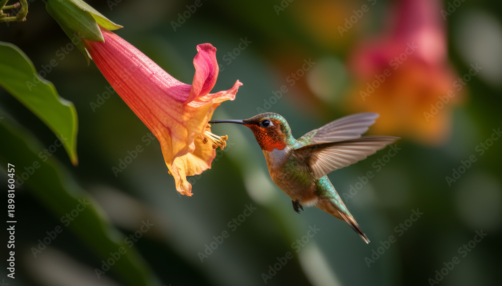 Fototapeta premium Close-up of hummingbird feeding from bright tropical flower