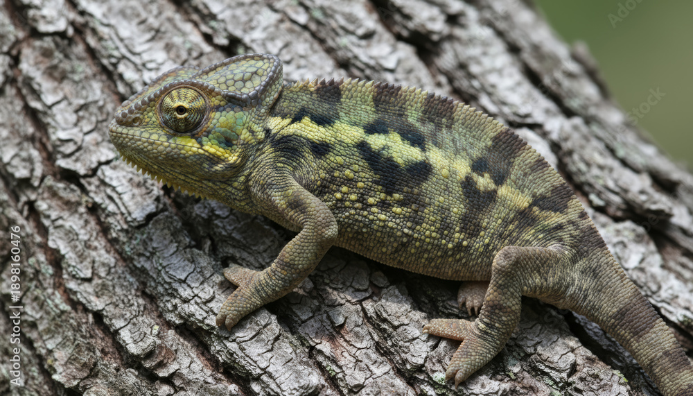 Fototapeta premium Close-up of chameleon changing color on textured bark