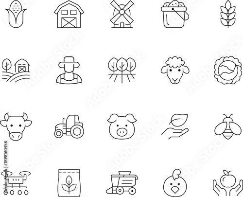 Agriculture and Smart Farming Line Icon Set - Organic Food, Livestock, Agricultural Machinery, and Sustainable Gardening Vector Symbols