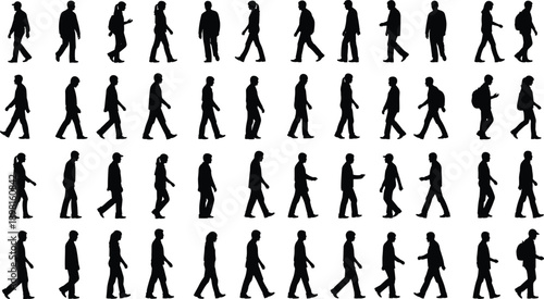 Walking people silhouette set, multiple men women side view poses, pedestrian motion sequence, crowd movement, isolated black illustration on white