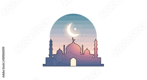 Elegant Mosque with Crescent Moon and Minarets at Twilight
