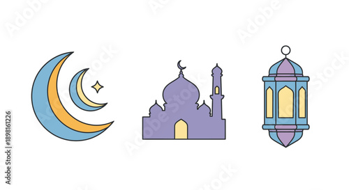 Elegant Night Sky Scene with Crescent Moon Traditional Mosque and Lanterns for Cultural Celebrations