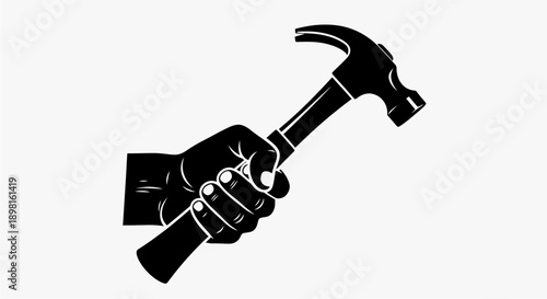 A strong hand firmly grips a claw hammer, ready for construction or repair work, depicted in a stark black and white silhouette.