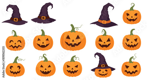 Large collection of Halloween themed pumpkins with various carved faces and purple witch hats isolated on a white background for decor.