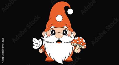 Charming autumn gnome with a long white beard wearing an orange hat and holding a white leaf and a spotted mushroom for fall decoration.