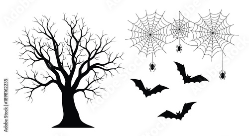 Spooky Halloween scene featuring a leafless black tree silhouette, flying bats, and spiders hanging from their webs on a white background.