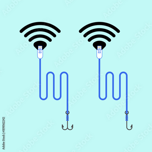 Phishing and cyber crime concept. A Wi-Fi symbol attached to a fishing hook as bait. Vector illustration. EPS 10.