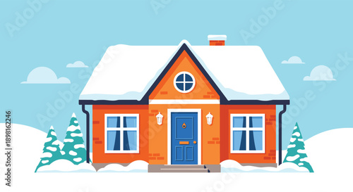 Charming red brick house covered in white snow with a blue front door and snow topped evergreen trees in a peaceful winter neighborhood.