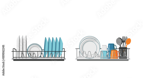 Two different styles of kitchen dish racks holding wet plates, mugs, and utensils after washing for home management and chore illustrations.