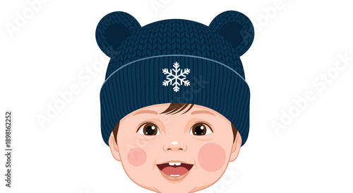 Smiling baby face with rosy cheeks wearing a dark blue knitted hat with bear ears and a white snowflake emblem for winter fashion themes.