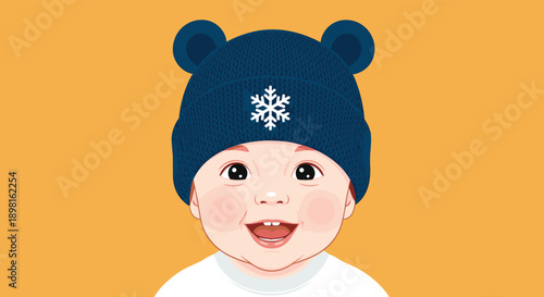 Happy baby boy portrait wearing a blue winter beanie with a snowflake on an orange background for a warm and joyful seasonal advertisement.