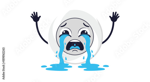Sad cartoon plate character with thin arms and hands raised in despair while crying large blue tears for a broken or empty dish concept.