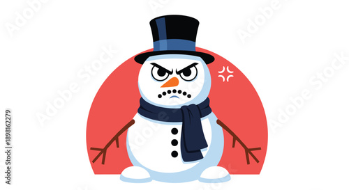 Grumpy snowman character wearing a black top hat and a dark blue scarf with an angry expression against a red and white background circle.