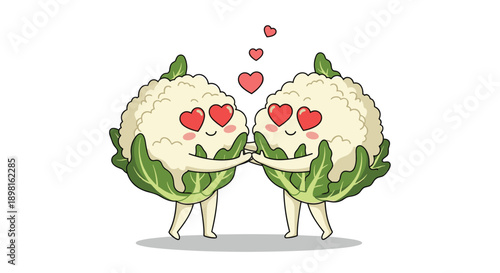 Pair of cute cauliflower characters in love with heart shaped eyes and floating hearts above them to celebrate a healthy romantic bond.