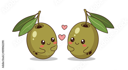 Two adorable green olive characters in love with blushing cheeks and pink hearts between them for a cute food and romance illustration.