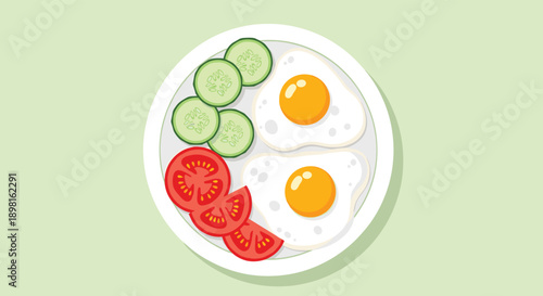 Top view of a healthy breakfast plate containing two fried eggs, fresh cucumber slices, and red tomato slices on a light green background.