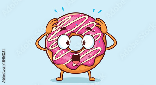 Shocked donut character with pink frosting and white sprinkles holding its head in surprise with a wide eyed expression on a blue background.