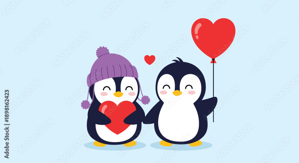 Fototapeta premium Pair of cute cartoon penguins in love hold a red heart and a heart balloon against a soft light blue winter background.