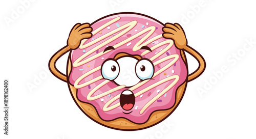 Shocked cartoon donut character with pink strawberry icing and white drizzle holds its head with a wide open mouth.
