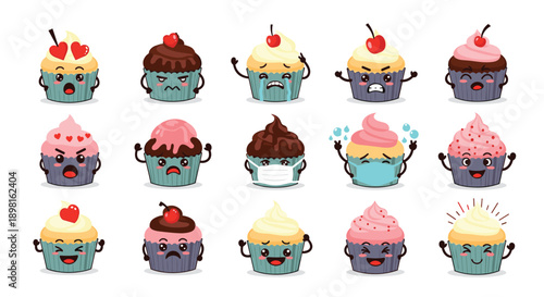 Set of fifteen cute cupcake characters displays a wide range of flavors and facial expressions for sweet food graphics.