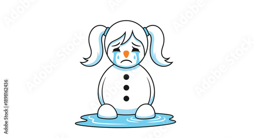 Sad melting female snowman character with pigtails cries in a puddle of water against a clean white background design.
