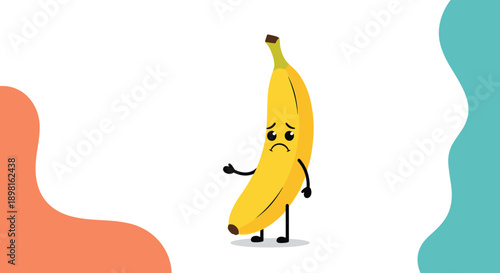 Worried cartoon banana character with a sad face and nervous hands stands against an abstract colorful background shape.