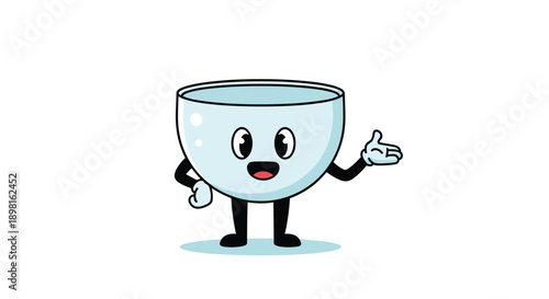 Happy cartoon glass bowl character with a friendly smiling face and waving hand stands on a simple white background.