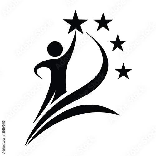Success and achievement silhouette icon reaching stars isolated on transparent or white background, vector