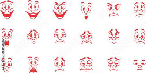 Character sheet featuring various cartoon facial expressions illustrated in classic 1930s Rubber Hose animation style with exaggerated eyes, flexible features, and vintage cartoon charm