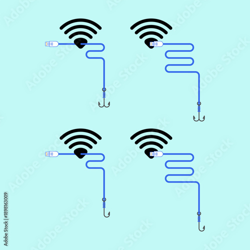 Phishing and cyber crime concept. A Wi-Fi symbol attached to a fishing hook as bait. Vector illustration. EPS 10.