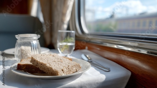 Train dining table with bread on white plate and glass of water, calm travel meal and hospitality service, summer vacation journey mood by window light