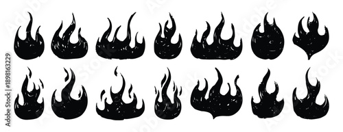 flame icons, textured brush doodle fire flame icon set. flame graphics, rough chalk texture icons for hazard and safety signage