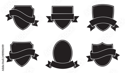 Shield badge emblems with ribbon banner silhouettes