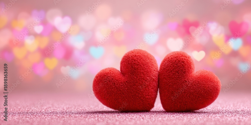Fototapeta premium The Hearts: Two Red Fuzzy Hearts on Sparkling Pink Surface with Bokeh Hearts Background