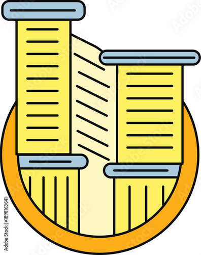 Golden scrolls in circular frame with blue accents