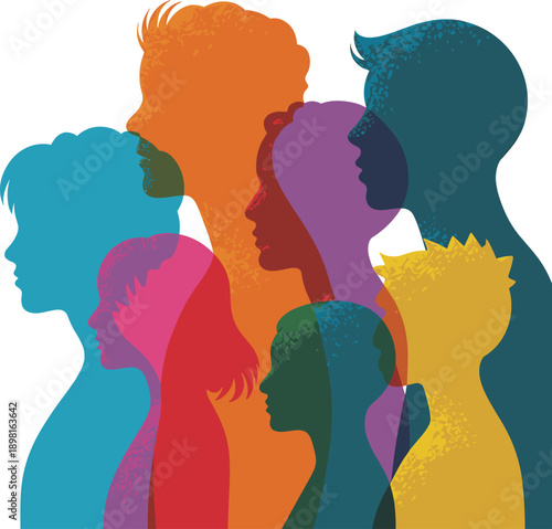 Diverse human faces silhouette illustration, multicultural people profiles, social diversity concept, colorful overlapping heads, modern flat vector design