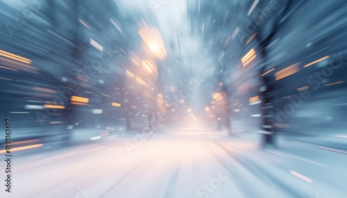 Fast moving through snowy winter wonderland with lights and speed effect, blurred view