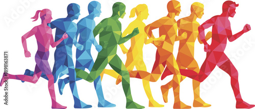 Colorful polygon runners illustration, diverse people running together, fitness marathon concept, low poly style, modern flat vector design
