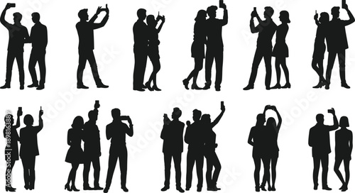 People,taking,selfies,silhouette,friends,couples,smartphone,photography,social,media,group,poses,modern,lifestyle,black,isolated,white,background,vector,flat
