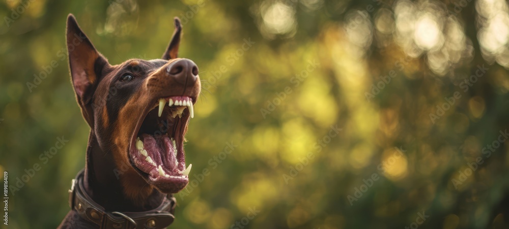 Naklejka premium The Doberman Showing Aggressive Snarling Expression With Exposed Teeth Outdoors in Park