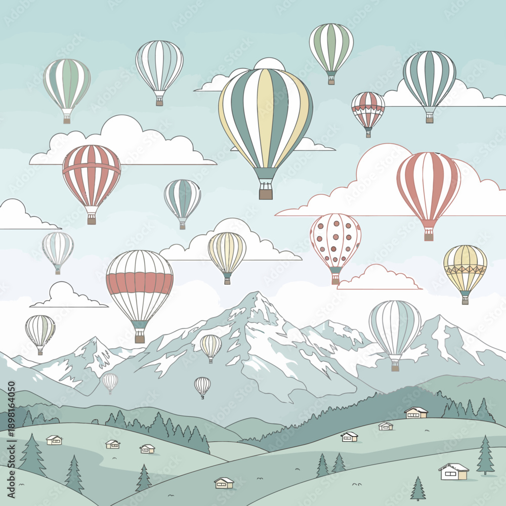 Obraz premium A whimsical illustration of colorful hot air balloons floating above a serene mountain and rolling hills landscape with small houses and trees.