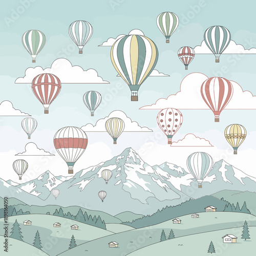 A whimsical illustration of colorful hot air balloons floating above a serene mountain and rolling hills landscape with small houses and trees.