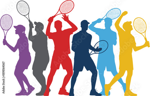 Colorful tennis players silhouettes collection, dynamic men women action poses, sport competition concept, flat vector illustration isolated