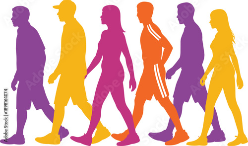 Colorful walking people silhouettes men women side view group urban lifestyle movement concept flat vector illustration isolated white background design