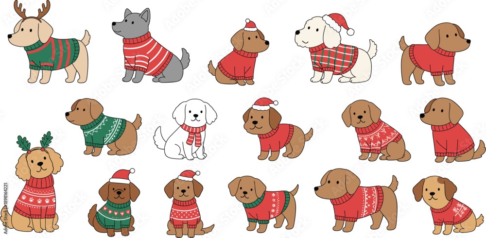 Obraz premium Cute Christmas Dogs Vector Illustration Set with Puppies Wearing Winter Sweaters, Santa Hats, and Festive Holiday Outfits for Seasonal Designs