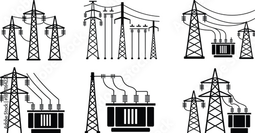 Power,transmission,tower,icon,set,electricity,grid,energy,substation,transformer,high,voltage,infrastructure,industrial,utility,vector,illustration,isolated,white,flat