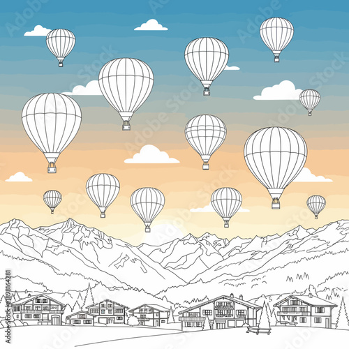 Outline drawing of hot air balloons floating over mountains and village houses at sunrise or sunset.