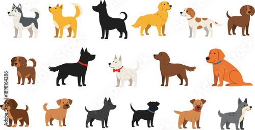 Cute Dog Breeds Vector Illustration Set with Cartoon Puppies in Different Poses and Colors for Pet, Animal, and Kids Design Projects