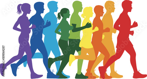 Colorful jogging people silhouettes illustration, diverse runners exercising together, fitness marathon concept, healthy active lifestyle motion theme, modern flat vector